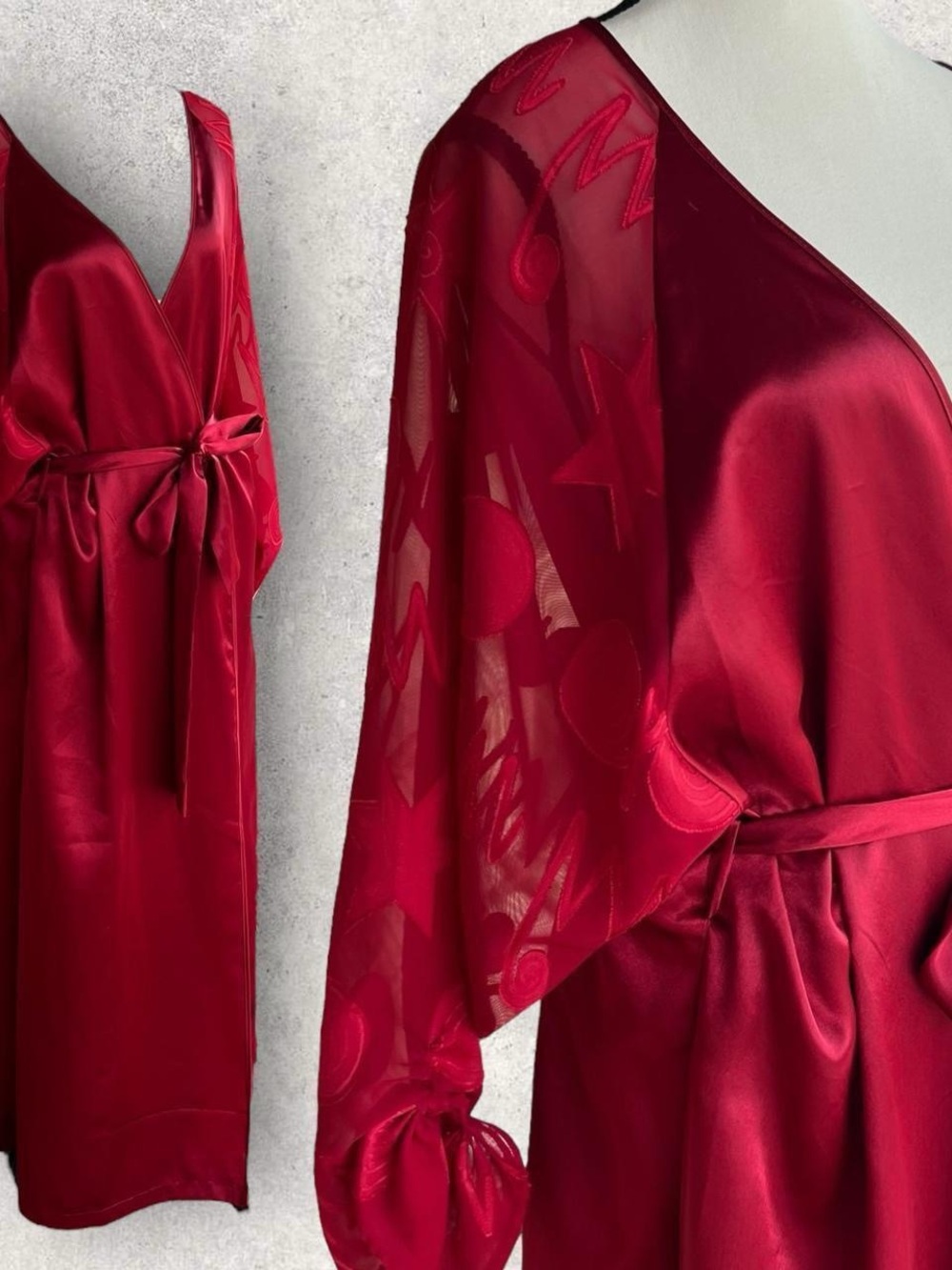 Silky Red Satin Kimono Robe with Sheer Embroidered Sleeves